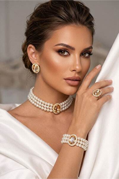 Happyline Cam İncili bal oval taşlı gold kaplama inci choker kolye tasarım şı...