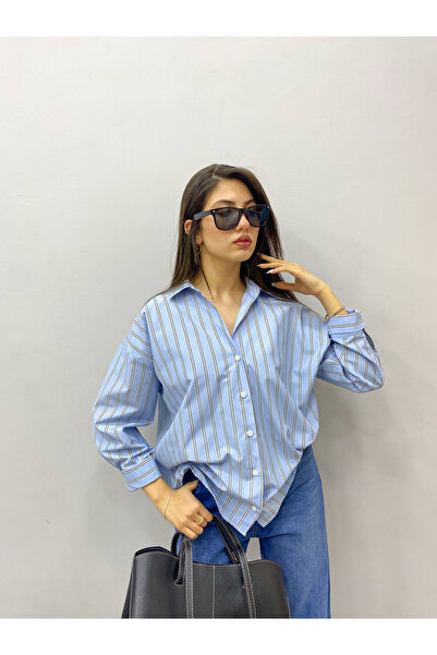 Krc Atelier Kadın Mavi Çizgili Pile Detaylı Cotton Gömlek