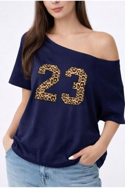 trendgar Women's Navy Blue Leopard 23 Printed Wide Asymmetrical Collar Regula...