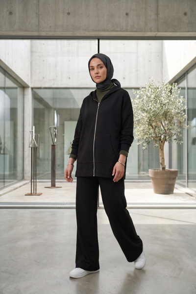 Zeneva Collection Black Hooded Zippered Hijab Plain Set 5400