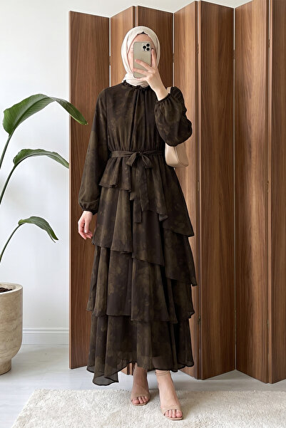 MODAQU Layered Skirt and Lined Waist Chiffon Dress - Brown