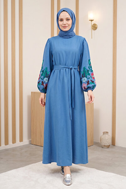 FERHEL Women's Balloon Sleeve Embroidered Waist Tie Muslim Dress - Dark Blue