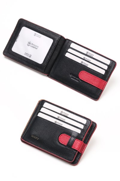 Ancora Leather Hakiki Deri-Minimal Tasarım Kartlık-26205-Siyah/Kırmızı-Kişiye...