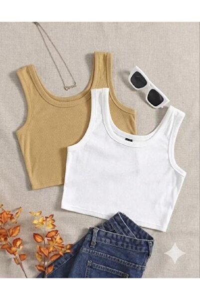 MİLYA&GYM Women's 2-Piece Cotton Camisole Ribbed Fabric Thick Strap Square Ne...