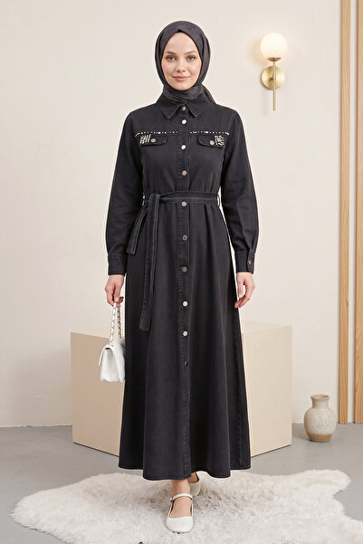 FERHEL Women's Stone Embellished Buttoned Denim Hijab Dress Black