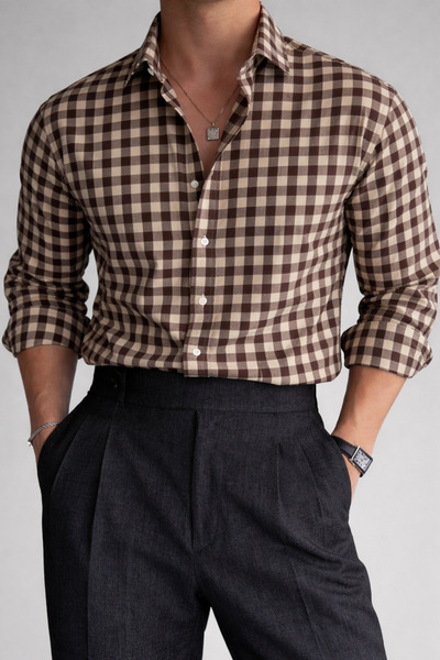 Tarz Cool Ανδρικό καρό πουκάμισο με λεπτή εφαρμογή, βαμβακερό, μακρυμάνικο, κ...