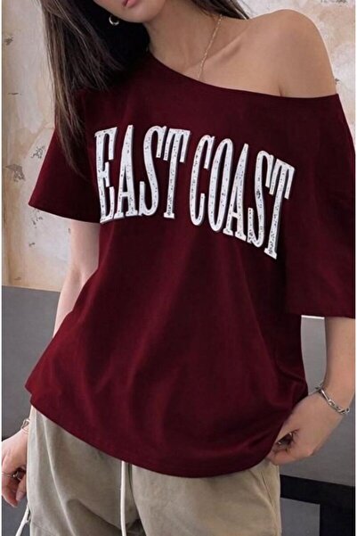 trendgar Bordo Kadın EAST COAST Baskılı Geniş Asimetrik Yaka Regular Fit Tişort