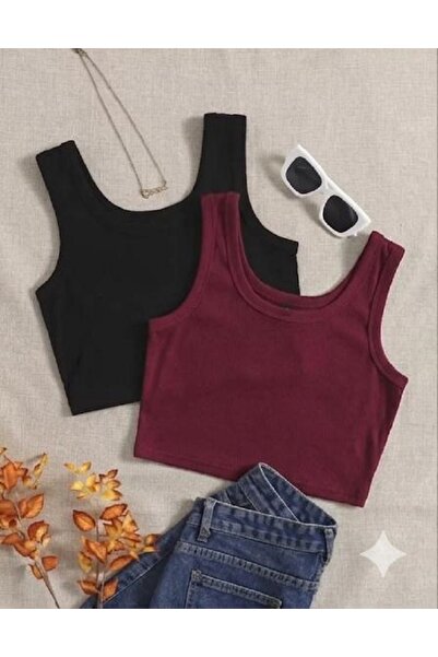 MİLYA&GYM Women's 2-Piece Cotton Camisole Ribbed Fabric Thick Strap Square Ne...