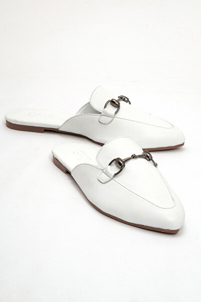 GNS Shoes Valeria Genuine Leather Buckle White Leather Women's Slippers