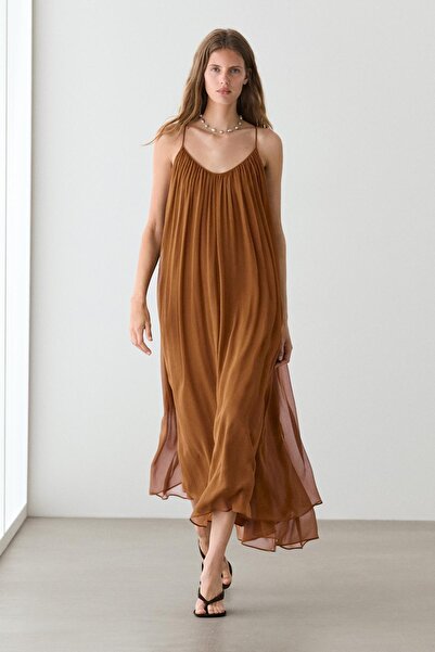 Massimo Dutti %100 ipek büzgülü midi elbise