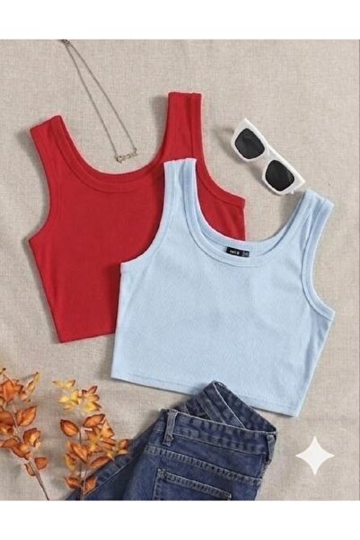 MİLYA&GYM Women's 2-Piece Cotton Camisole Ribbed Fabric Thick Strap Square Ne...