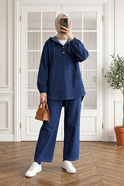 MODAQU Hooded Kangaroo Pocket Trousers Denim Set - Indigo