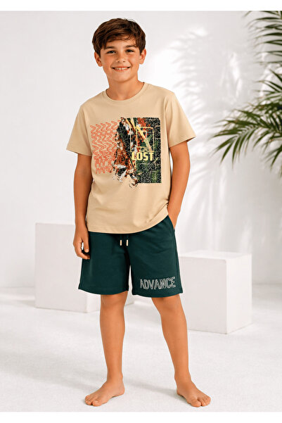 onymino Boy's Top and Bottom Set Printed Beige T-Shirt Khaki Shorts