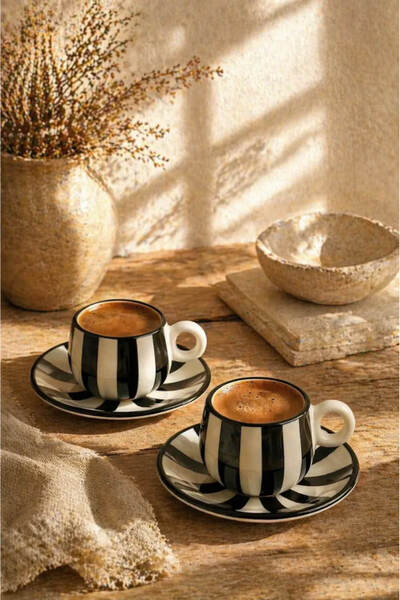 Anadolu Saray Çizgili El Yapımı Seramik 2’li Türk Kahvesi Fincan Takımı Şık H...