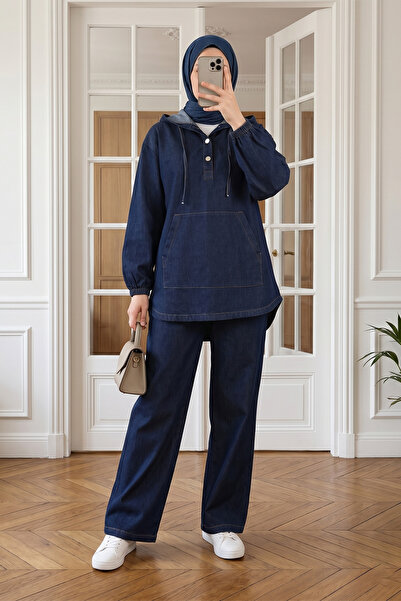 MODAQU Hooded Kangaroo Pocket Trousers Denim Set - Dark Navy Blue