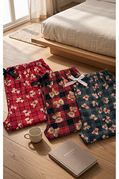 Pijahane Kadın 3’lü Pijama Altı Seti | Ayıcık Desenli Ekose Rahat Kalıp Lasti...