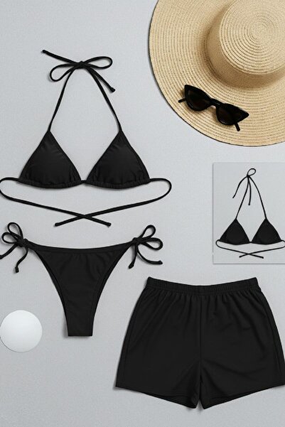 R ROCKBLACK Γυναικείο Σετ 3 τεμαχίων: Μαύρο σορτς και μπικίνι μαγιό με δέσιμο...