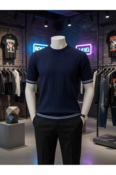 ixir Men's Short-Sleeved Summer Striped Crew Neck Knitwear T-Shirt 100% Cotto...