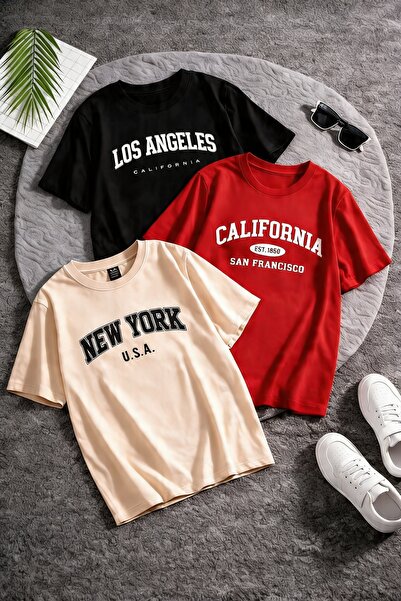 caddekombin Set of 3 Basic Printed Cotton Combed Cotton Round Neck Black-Red-...