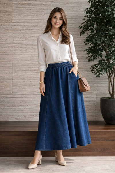 SADEL Lastik Bel Cepli Denim Etek - Laci