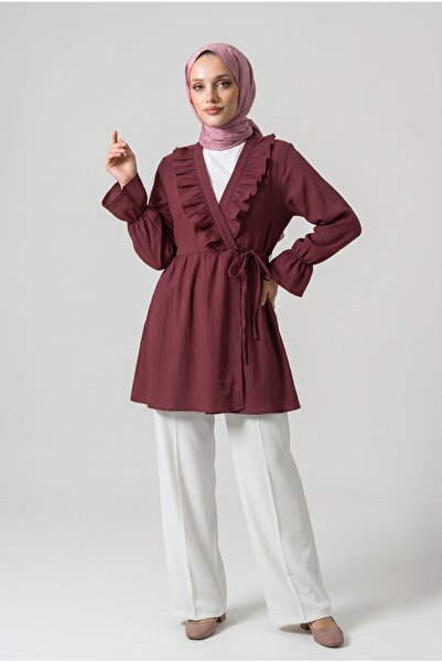 Lunfia Fırfırlı Bağlamalı Krinkıl Kimono - Bordo