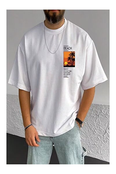 ZİYMO Ανδρικό μπλουζάκι με στάμπα παραλίας, oversized