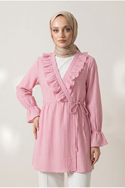 Lunfia Fırfırlı Bağlamalı Krinkıl Kimono - Pembe