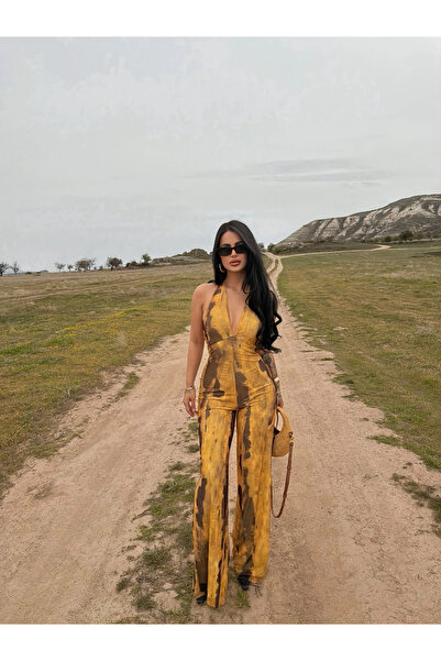 kırmızı butiks Μπατίκ Καμπαρντίνα Ολόσωμη Φόρμα με Κορδόνι στο Λαιμό