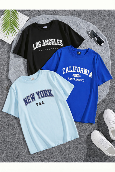 caddekombin Σετ 3 τεμαχίων Βαμβακερά χτενισμένα μπλουζάκια με στρογγυλή λαιμό...