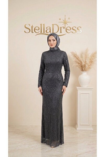 StellaDress Boru Boncuk İşlemeli Işıltılı Büyük Beden Tesettür Abiye