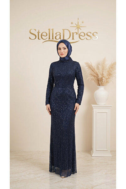StellaDress Boru Boncuk İşlemeli Işıltılı Büyük Beden Tesettür Abiye
