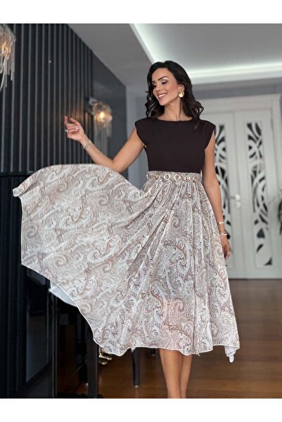 Atelier Derin Καφέ χρυσό φόρεμα σιφόν με ζωνάτη φούστα