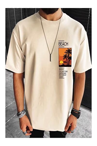 ZİYMO Ανδρικό μπλουζάκι με στάμπα παραλίας, oversized