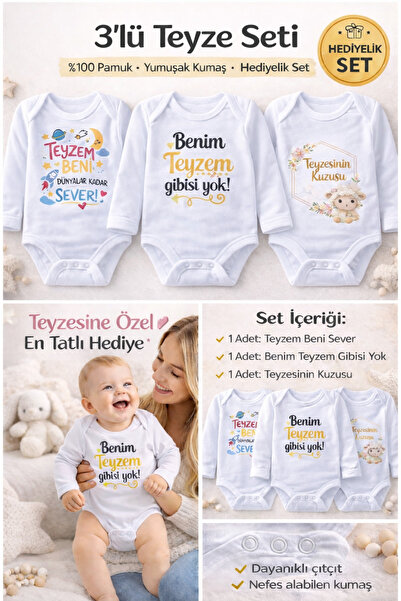 Class Teyze Yazılı 3’lü Bebek Zıbın Seti Uzun Kollu Set Üçlü %100 Pamuk Yenid...