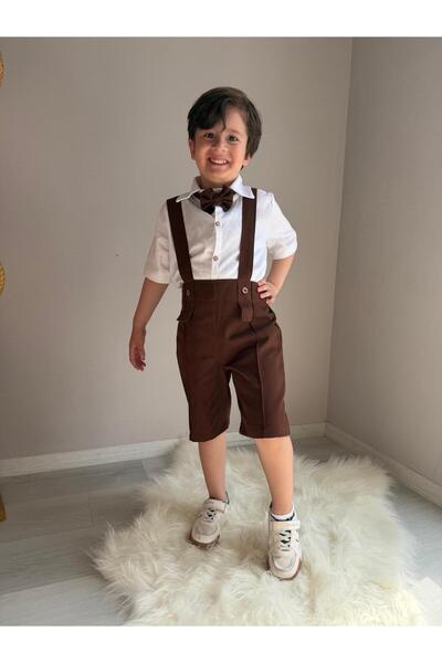 ykr design Çimalı Yazlık Erkek Bebek Şort Salopet Gömlek Papyon Takım