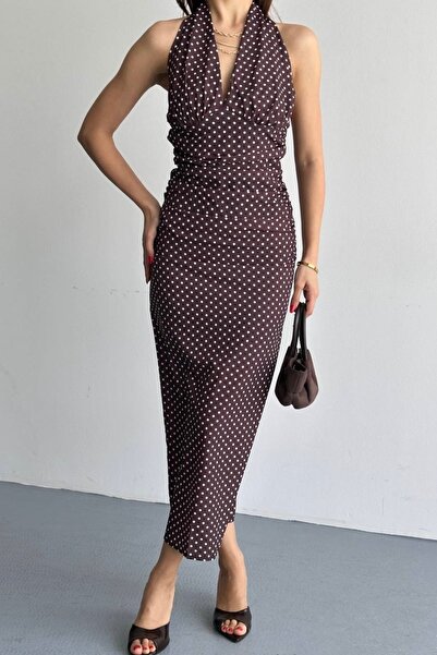 Helen Goods Νέα σεζόν Γυναικείο φόρεμα μίντι με πουά και σκίσιμο