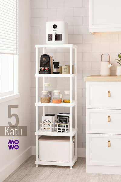 MOWO 5 Katlı Beyaz 40x33 Plastik Mutfak Raf Sistemi, Banyo Rafı, Kiler, Kitap...