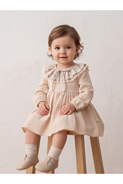 Cherrys Bebek Muslin Fabric Ruffle Collar Baby Dress