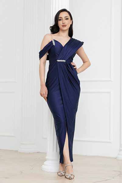 BEYBOS Σατέν μίντι βραδινό φόρεμα με πέτρινες λεπτομέρειες και στυλ στυλό - Σ...