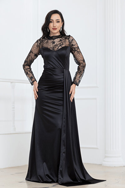 BEYBOS Βραδινό φόρεμα από σατέν με δαντελένια λεπτομέρεια - ΜΑΥΡΟ