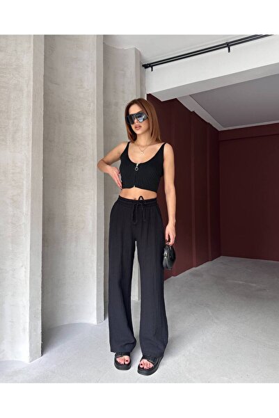 PİNK FLY Γυναικείο λινό παντελόνι μουσελίνας με φαρδιά μπατζάκια