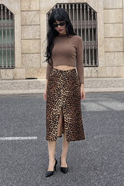 hacker Women's Trendy Cotton Leopard Patterned Slit Brown Midi Denim Skirt