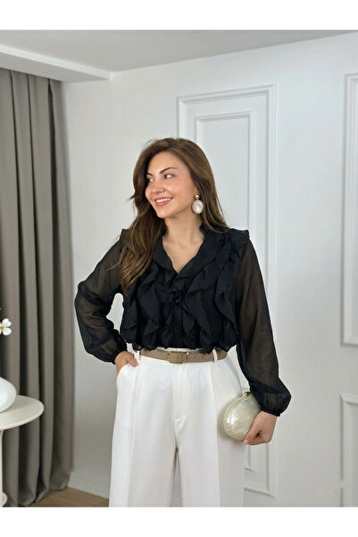 TLG TLG GİYİM Γυναικεία μπλούζα με λαιμόκοψη V από οργανικό ύφασμα, διαφανή κ...