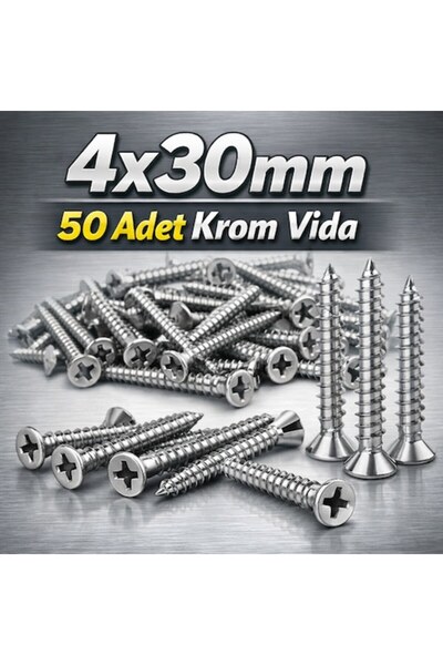 Aquamarine KROM VİDA 4X30mm 50 ADET PASLANMAZ INOX VİDA