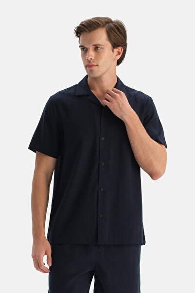 Dagi Navy Blue Short Sleeve Linen Lyocell Blend Shirt