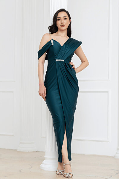 BEYBOS Σατέν μίντι βραδινό φόρεμα με πέτρινες λεπτομέρειες και στυλ στυλό - Σ...