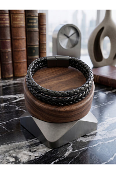 DEERDERİ Magnetic Leather Hand-Knitted Double Bracelet Father's Day Gift