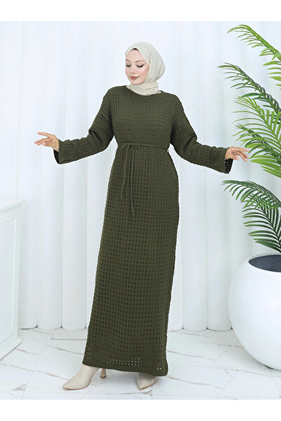 TATULA Knitted Detailed Waist-Tie Long Knitwear Dress