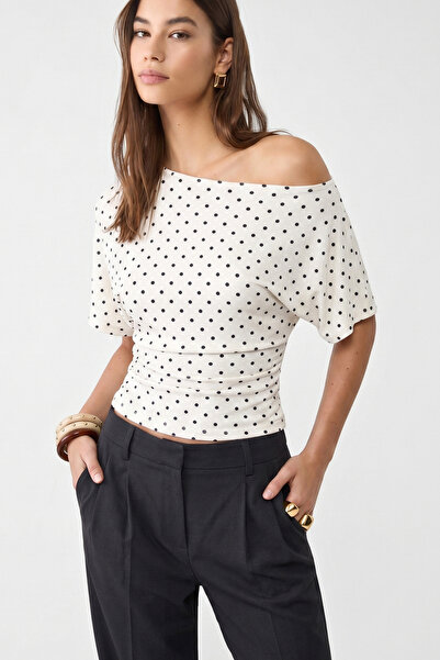 VODENS Λευκή πουά ασύμμετρη μπλούζα με μανίκια νυχτερίδα, 97% βαμβακερή, που ...