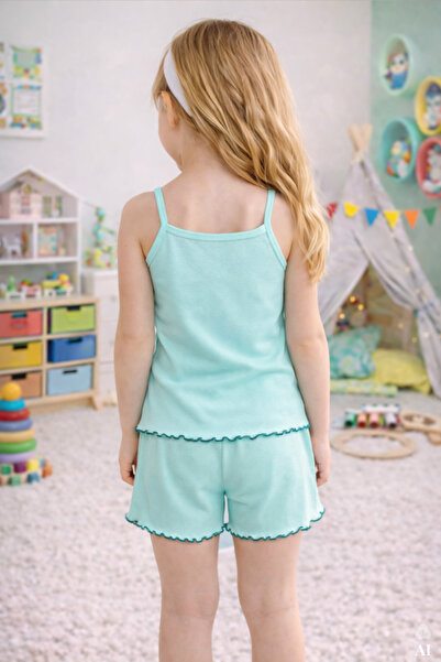 koza iç giyim Kız Çocuk Pamuklu Fiyonklu Askılı Şortlu Pijama Takımı